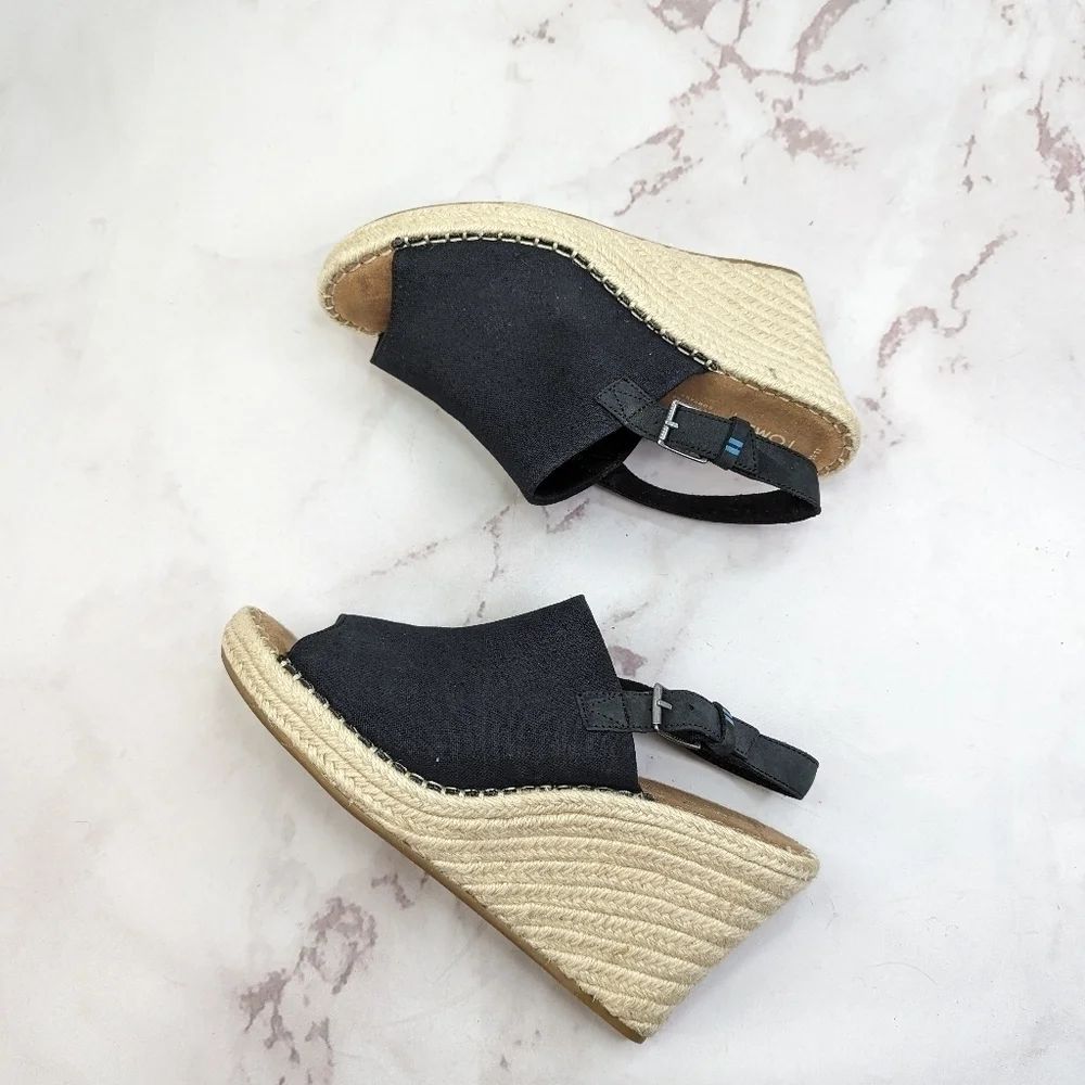 Toms Wedge Women 11 Espadrille Black Platform Slingback Shoe Sandal Open Monica